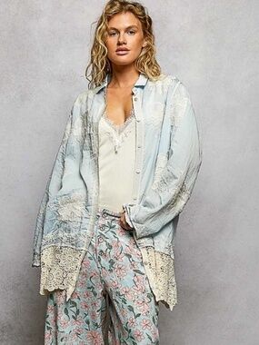 POL floral embroidered crochet button down top